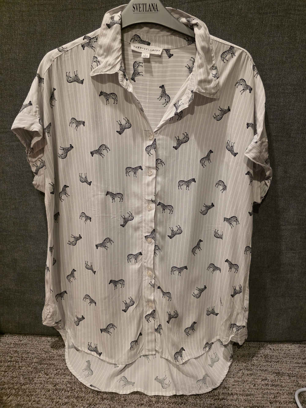 Jane Delancey Lavendar Stripes& Zebra Print Short-Sleeve Shirt - White Size L
